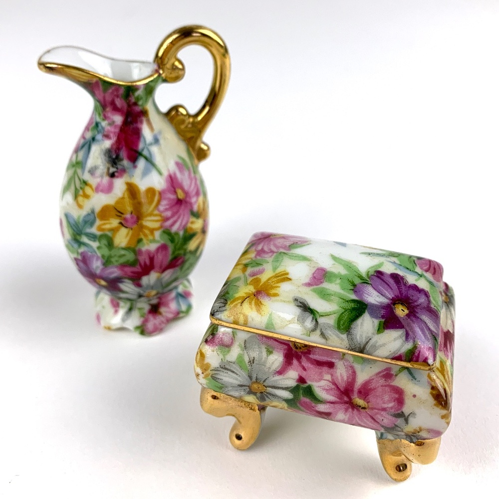 Set of Vintage Mini Porcelain Chintz Floral Pitcher & Trinket Box w/Gold Trim
